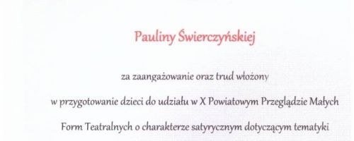 Podziękowanie dla Pani Pauliny Świerczyńskiej 